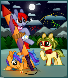 Size: 2626x2993 | Tagged: safe, artist:amberpone, oc, oc only, oc:louier, oc:quilling needle, oc:vision revision, earth pony, pony, unicorn, blue, blue eyes, brown eyes, clothes, cloud, cutie mark, diaper, digital art, female, fire, fireworks, food, glasses, green, green eyes, group, horn, magic, male, mane, mare, moon, mountain, new year, night, orange, original character do not steal, paint tool sai, painttoolsai, pegasister, ponytail, purple, red, scarf, shading, snow, stallion, stars, tail, this will end in tears and/or death, tree, yellow