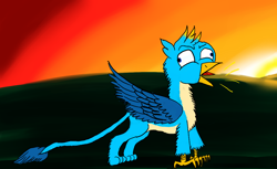 Size: 1024x627 | Tagged: safe, artist:horsesplease, derpibooru import, gallus, griffon, behaving like a rooster, birb, crowing, derp, gallus the rooster, majestic as fuck, morning, namesake, pun, solo, sunrise