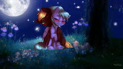 Size: 1920x1080 | Tagged: safe, artist:captainpudgemuffin, artist:yumivision, cloudchaser, oc, oc:neostrike, pony, blushing, canon x oc, commission, female, flower, hug, male, moon, neochaser, night, one eye closed, shipping, simple background, sitting, smiling, stars, straight, tree, winghug