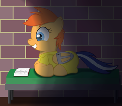 Size: 1439x1250 | Tagged: safe, artist:spellboundcanvas, derpibooru import, oc, oc:sherbert, bed, book, bound wings, clothes, creepy, creepy smile, ponyloaf, prison, prison outfit, prisoner, reading, smiling