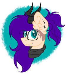 Size: 1024x1115 | Tagged: safe, artist:mintoria, derpibooru import, oc, oc only, oc:kathrine, pony, bust, fangs, female, glasses, horns, portrait, simple background, solo, transparent background