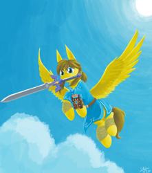 Size: 1324x1500 | Tagged: safe, artist:sunnytp, derpibooru import, pegasus, pony, clothes, flying, link, master sword, mouth hold, ponies of the wild, ponified, solo, sword, the legend of zelda, the legend of zelda: breath of the wild, tunic, weapon