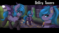 Size: 3840x2160 | Tagged: safe, artist:ciderpunk, derpibooru import, oc, oc:belfry towers, bat pony, firefly (insect), pony, bat pony oc, castle, choker, clothes, ear piercing, earring, garden, jewelry, looking at you, necklace, piercing, slit eyes, socks