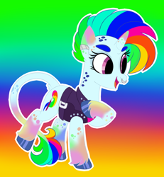 Size: 662x716 | Tagged: safe, artist:missmele-madness, derpibooru import, oc, oc:illumination, pony, unicorn, abstract background, clothes, female, mare, rainbow hair, raised hoof, solo, unshorn fetlocks, vest