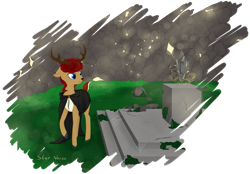 Size: 2013x1404 | Tagged: safe, artist:star north, derpibooru import, oc, oc only, oc:stoutbook, deer, original species, antlers, cloak, clothes, deer oc, fordeer, non-pony oc, rock, ruins, runes, simple background, solo, transparent background