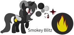 Size: 1752x822 | Tagged: safe, artist:leanne264, derpibooru import, oc, oc:smokey blitz, alicorn, original species, pony, female, horns, reference sheet, simple background, solo, transparent background