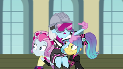 Size: 1280x720 | Tagged: safe, derpibooru import, screencap, photo finish, pixel pizazz, violet blurr, better together, constructive criticism, constructive criticism: photo finish, equestria girls, director's vision, female, hard hat, safety goggles, the snapshots, trio, trio female