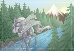 Size: 2500x1750 | Tagged: safe, artist:monogy, derpibooru import, oc, oc:huyana, earth pony, pony, cloak, clothes, female, mare, mountain, river, scarf, solo, tree