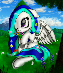 Size: 1632x1900 | Tagged: safe, artist:nuxersopus, derpibooru import, oc, cloud, flower, flower in hair, forest, mountain, one eye closed, scenery, sky, solo, spread wings, tree