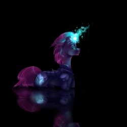 Size: 1024x1024 | Tagged: safe, artist:melodyboundless, derpibooru import, tempest shadow, my little pony: the movie, dark, dark background, female, floppy ears, glow, glowing horn, magic, mare, reflection, solo, water