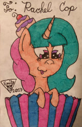 Size: 900x1400 | Tagged: safe, artist:emilz-the-half-demon, derpibooru import, oc, oc only, oc:cupcake, unicorn, solo, tongue out, traditional art