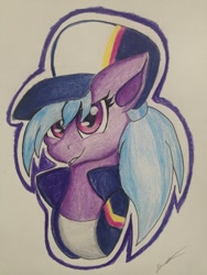 Size: 1024x1365 | Tagged: safe, artist:luxiwind, derpibooru import, azure velour, pony, bust, cap, clothes, female, hat, mare, portrait, solo, traditional art