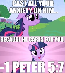 Size: 1280x1440 | Tagged: safe, derpibooru import, twilight sparkle, 1 peter, adorable face, anxiety, bible, bible verse, christianity, cute, happy, image macro, meme, religion, stressed