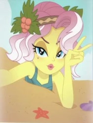 Size: 336x444 | Tagged: safe, derpibooru import, edit, edited screencap, screencap, vignette valencia, better together, equestria girls, rollercoaster of friendship, beach, clam, clothes, cropped, female, looking at you, peace sign, selfie, solo, starfish, swimsuit, u no how i do