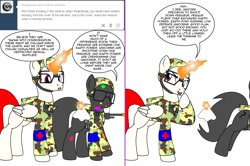 Size: 1204x800 | Tagged: safe, artist:dekomaru, derpibooru import, anon pony, oc, oc:nova, alicorn, pony, alicorn oc, ask, clothes, comic, female, magic, mare, paintball, tumblr, tumblr:ask twixie, uniform