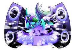 Size: 3507x2480 | Tagged: safe, artist:dormin-dim, derpibooru import, oc, oc only, pegasus, pony, commission, female, headphones, mare, simple background, solo, speakers, transparent background, turntable