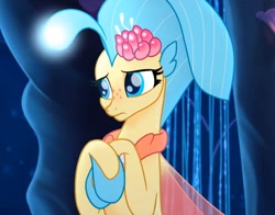 Size: 1029x806 | Tagged: safe, derpibooru import, screencap, princess skystar, seapony (g4), my little pony: the movie, beautiful, bioluminescent, blue eyes, cropped, cute, eyelashes, female, fins, flower, flower in hair, freckles, sad, seaquestria, seashell necklace, skyabetes, underwater, water, wings