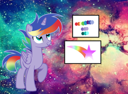 Size: 1416x1040 | Tagged: safe, artist:thesmall-artist, derpibooru import, oc, oc only, oc:falling color star, alicorn, pony, alicorn oc, cutie mark, magical lesbian spawn, male, offspring, parent:rainbow dash, parent:twilight sparkle, parents:twidash, raised hoof, reference sheet, solo, stallion, starry backdrop