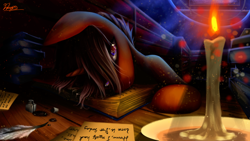 Size: 1920x1080 | Tagged: safe, artist:dranoellexa, derpibooru import, oc, oc only, oc:brilliant quill, unicorn, book, bookshelf, candle, inkwell, library, night, quill, solo