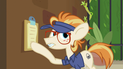 Size: 1920x1080 | Tagged: safe, screencap, pony, all bottled up, clipboard, dave the intern, ginger locks, manehattan escapes, solo