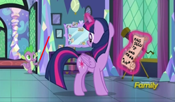 Size: 835x486 | Tagged: safe, edit, edited screencap, screencap, spike, twilight sparkle, twilight sparkle (alicorn), alicorn, dragon, pony, celestial advice, betrayal, castle, discovery family logo, lightsaber, lol, order 66, star wars, weapon