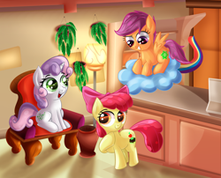 Size: 3100x2500 | Tagged: safe, artist:katakiuchi4u, apple bloom, scootaloo, sweetie belle, earth pony, pegasus, pony, unicorn, alternate cutie mark, alternate universe, chair, cloud, commission, cute, cutie mark crusaders, female, filly, smiling, trio