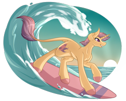 Size: 5389x4327 | Tagged: safe, artist:amazing-artsong, derpibooru import, oc, oc only, oc:riptide, pony, unicorn, absurd resolution, leonine tail, male, simple background, smiling, solo, stallion, surfboard, surfing, transparent background, water, wave