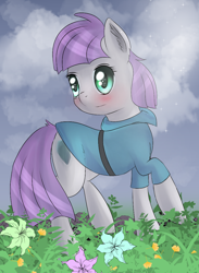 Size: 774x1055 | Tagged: safe, artist:brok-enwings, derpibooru import, maud pie, earth pony, pony, blushing, cloud, female, flower, grass, mare, sky, solo