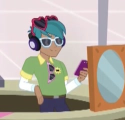 Size: 391x376 | Tagged: safe, screencap, carlos thunderbolt, equestria girls, mirror magic, spoiler:eqg specials, background human, clothes, cropped, glasses, headphones, iphone, mirror, solo, sunglasses