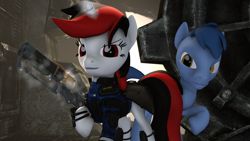 Size: 2560x1440 | Tagged: safe, artist:redaceofspades, oc, oc only, oc:blackjack, oc:p-21, pony, unicorn, fallout equestria, fallout equestria: project horizons, 3d, duo, female, glowing horn, gun, looking at you, magic, male, mare, serious, smiling, source filmmaker, stallion, weapon