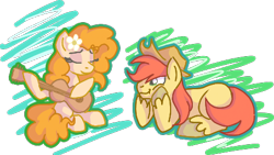 Size: 469x264 | Tagged: safe, artist:tuppkam1, derpibooru import, bright mac, pear butter, pony, brightbutter, female, guitar, male, shipping, simple background, straight, transparent background