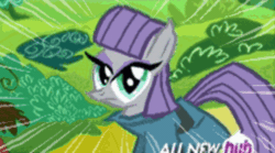 Size: 500x277 | Tagged: safe, derpibooru import, edit, edited edit, edited screencap, screencap, maud pie, earth pony, pony, maud pie (episode), season 4, all new, animated, blinking, content-aware scale, edit of an edit of an edit, female, hub logo, hubble, loop, mare, not salmon, screaming internally, solo, text, the hub, wat