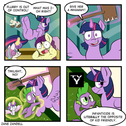 Size: 1125x1125 | Tagged: safe, artist:zanezandell, boysenberry, princess flurry heart, spike, twilight sparkle, twilight sparkle (alicorn), alicorn, dragon, pony, a flurry of emotions, breaking the fourth wall, comic, force field, hammer, horsey hives, magic, magic bubble, mallet, plot, tv-y, worst aunt ever, worst pony