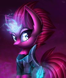 Size: 2013x2350 | Tagged: safe, artist:kaleido-art, derpibooru import, tempest shadow, pony, unicorn, my little pony: the movie, armor, broken horn, chest fluff, eye scar, female, magic, mare, scar, scar on the wrong side, solo
