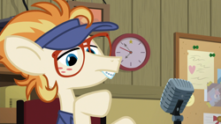 Size: 1920x1080 | Tagged: safe, screencap, pony, all bottled up, clock, dave the intern, escape room, ginger locks, manehattan escapes, microphone, solo