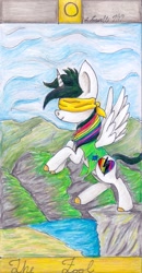 Size: 1209x2332 | Tagged: safe, artist:pristine1281, derpibooru import, oc, oc:lightning bliss, alicorn, blindfold, cliff, female, mare, rainbow alicorn, solo, tarot, the fool, traditional art