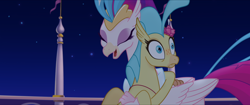 Size: 1920x808 | Tagged: safe, derpibooru import, screencap, princess skystar, queen novo, classical hippogriff, hippogriff, my little pony: the movie, duo, eyes closed, faic, female, flower, flower in hair, hug, laughing, mother and child, mother and daughter, oh crap face, parent and child, rainbow (song), shocked, smiling, surprised, wide eyes, you are so grounded