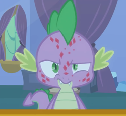 Size: 782x720 | Tagged: safe, derpibooru import, screencap, spike, dragon, molt down, acne, adorable face, cropped, cute, frustrated, male, mirror, solo, stone scales