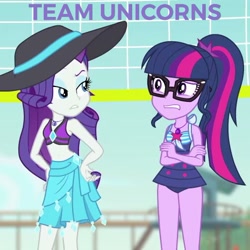 Size: 503x503 | Tagged: safe, derpibooru import, rarity, sci-twi, twilight sparkle, better together, equestria girls, forgotten friendship, clothes, geode of shielding, geode of telekinesis, glasses, hand on hip, hat, looking at each other, magical geodes, ponytail, scared, swimsuit