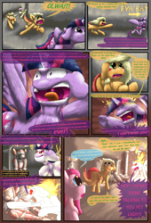 Size: 1080x1584 | Tagged: safe, artist:firefanatic, derpibooru import, applejack, fluttershy, pinkie pie, twilight sparkle, twilight sparkle (alicorn), alicorn, monster pony, original species, tatzlpony, comic:agents of hoo-men, angry, comic, dialogue, fluffy, ocd, pinkamena diane pie, rapidash twilight, species swap, tatzljack, what is hoo-man, yelling