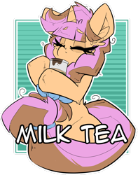 Size: 1280x1626 | Tagged: safe, artist:bbsartboutique, derpibooru import, oc, oc only, oc:milk tea, pony, unicorn, badge, braid, coffee, con badge, drinking, eyes closed, female, mare, simple background, solo, transparent background