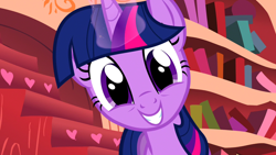 Size: 1920x1080 | Tagged: safe, derpibooru import, screencap, twilight sparkle, unicorn twilight, pony, unicorn, look before you sleep, adorkable, bookhorse, bookworm, cute, dork, excited, female, glowing horn, golden oaks library, grin, happy, head tilt, looking at you, magic, magic glow, mane, mare, purple smart, smiling, solo, squee, twiabetes