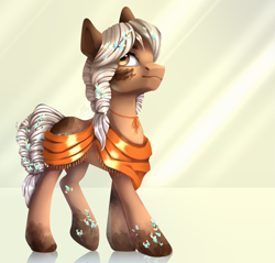 Size: 1997x1912 | Tagged: safe, artist:neon-light-53, derpibooru import, oc, oc only, oc:bella, earth pony, pony, art trade, braid, braided tail, coat markings, crepuscular rays, female, jewelry, mare, necklace, shawl, solo, walking