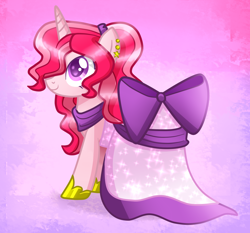 Size: 1254x1170 | Tagged: safe, artist:sugaryicecreammlp, derpibooru import, oc, oc:lovebug, pony, unicorn, bow, clothes, dress, female, gala dress, mare, solo