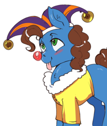 Size: 500x588 | Tagged: safe, artist:mrscurlystyles, derpibooru import, oc, oc only, oc:silly scribe, pony, :p, clown nose, cute, hat, jester hat, silly, silly pony, tongue out