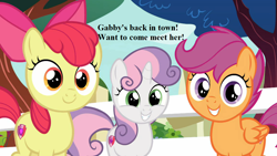 Size: 1152x648 | Tagged: safe, derpibooru import, edit, edited screencap, screencap, apple bloom, scootaloo, sweetie belle, marks for effort, adorabloom, bronybait, cropped, cute, cutealoo, cutie mark crusaders, diasweetes, implied gabby, smiling, text, tree