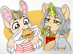 Size: 3590x2653 | Tagged: safe, artist:trickate, derpibooru import, oc, oc only, pegasus, pony, unicorn, burger, clothes, duo, eating, female, food, french fries, large ears, lidded eyes, long ears, magic, mare, mcdonald's, shirt, wing hands