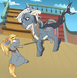 Size: 888x899 | Tagged: safe, artist:sweethearttarot, derpibooru import, oc, oc:carter, bird, original species, shark pony, anchor, bandana, boat, harpoon, rope, scar