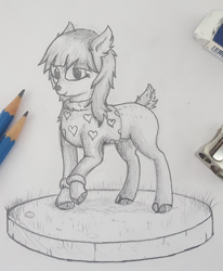 Size: 2033x2473 | Tagged: safe, artist:deerdraw, derpibooru import, oc, deer, deer pony, original species, clothes, female, looking at you, monochrome, pencil drawing, smiling, sweater, traditional art