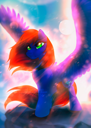 Size: 2352x3301 | Tagged: safe, artist:dolorosacake, derpibooru import, oc, oc only, oc:night coder, pegasus, pony, determined, female, light rays, mare, solo, spread wings, wings, ych result